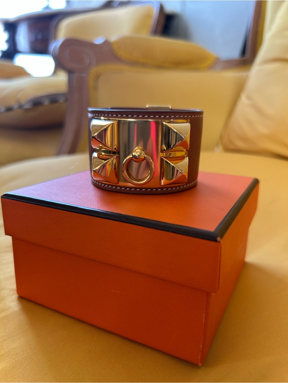 Hermes Collier de chien Barenia Gold Hardware Brown Leather Bracelet